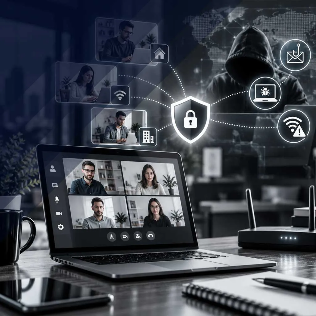 Remote and hybrid workers on a video call protected from phishing, malware and unsafe Wi-Fi