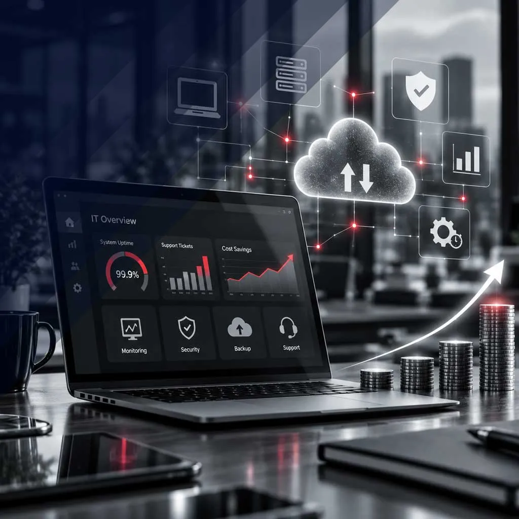 Managed IT dashboard showing uptime, support tickets and rising cost savings