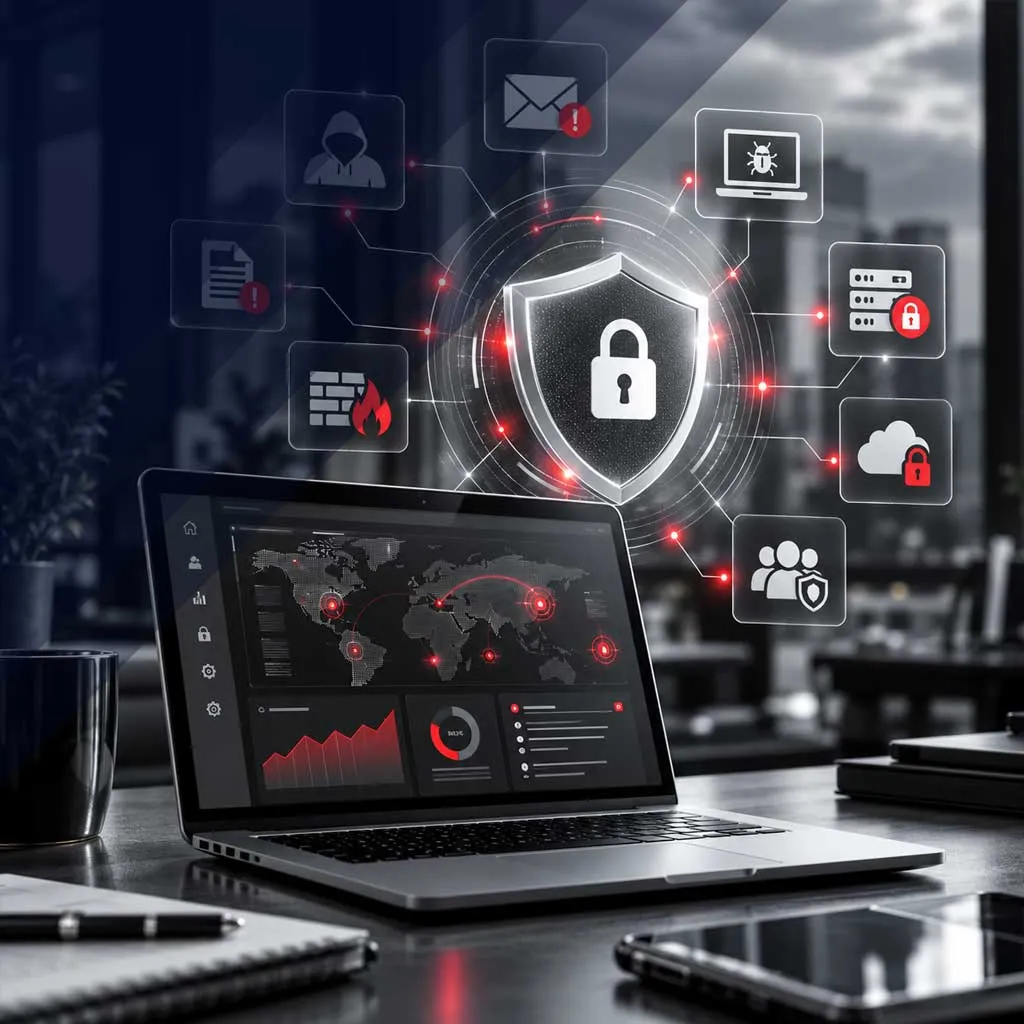 Security shield protecting a business from phishing, malware and ransomware threats