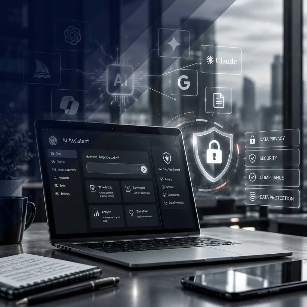 AI assistant on a laptop with data privacy, security and compliance safeguards