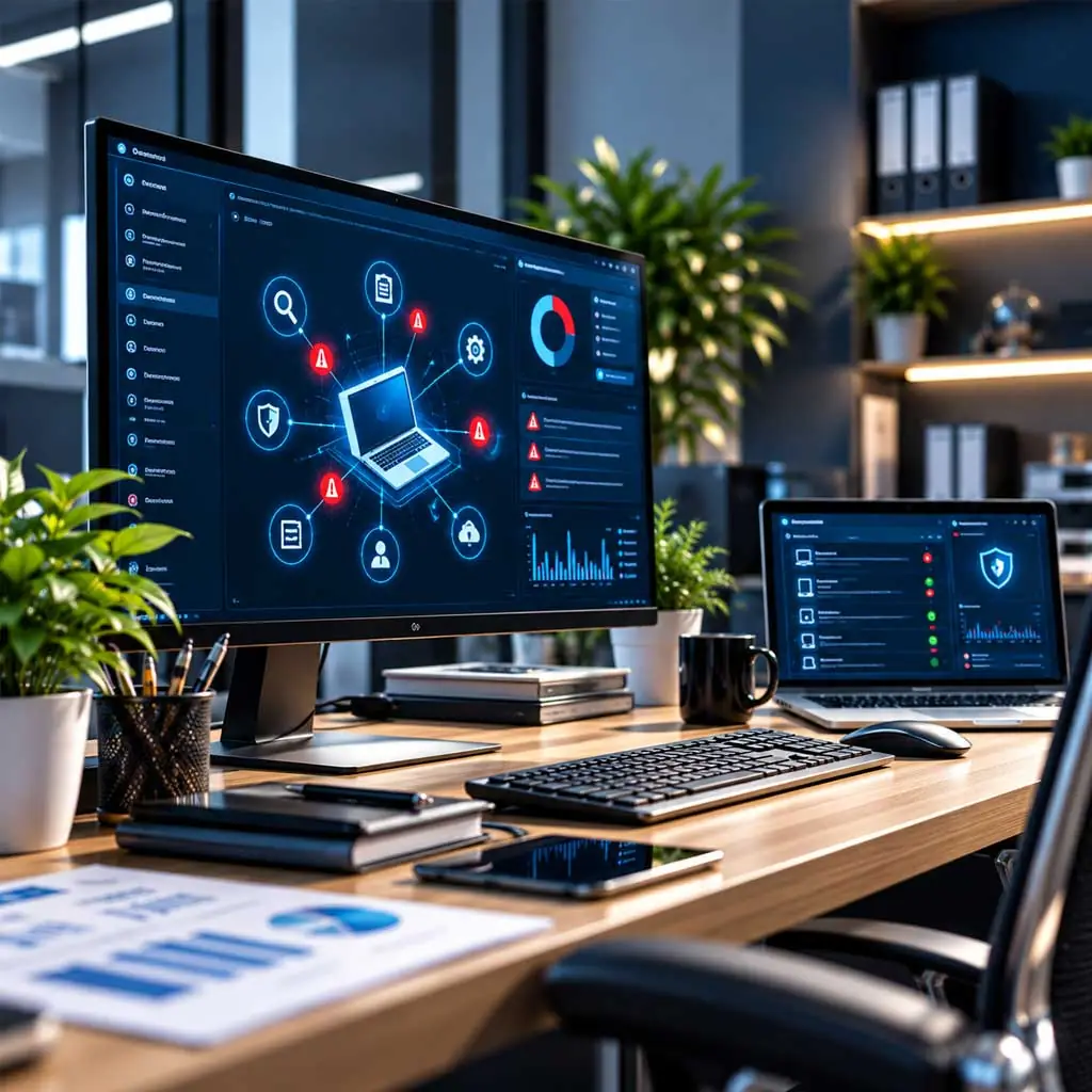EDR dashboard on a desktop monitor flagging threats around a connected laptop, with a second laptop showing device protection status